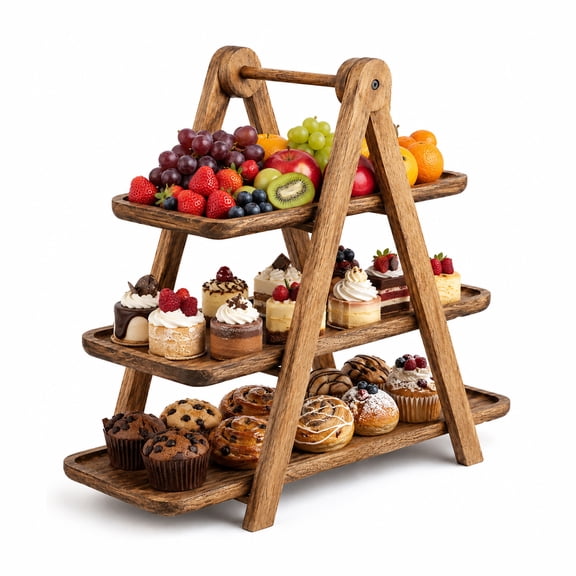 Wood 3 Tier Serving Tray, Foldable Wooden Farmhouse Tiered Tray, Tiered Cupcake Stand with Detachable Trays, Rectangle Serving Platter for Charcuterie Board, Dessert Table Display, Party Decor, Brown