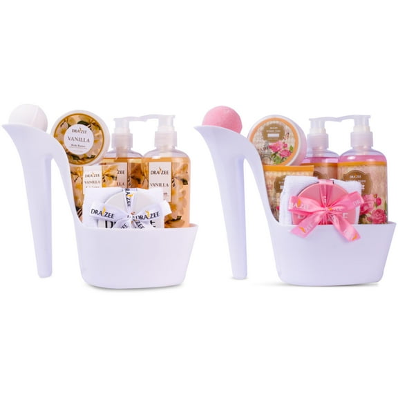 Set of 2 Draizee 16 Pcs Luxury Heel Shoe Spa Baskets - Rose, Vanilla Scented Spa Gift Basket for Women Spa #1 Mother's Day Gift Set with Shower Gel, Bubble Bath, Body Butter & Lotion and More