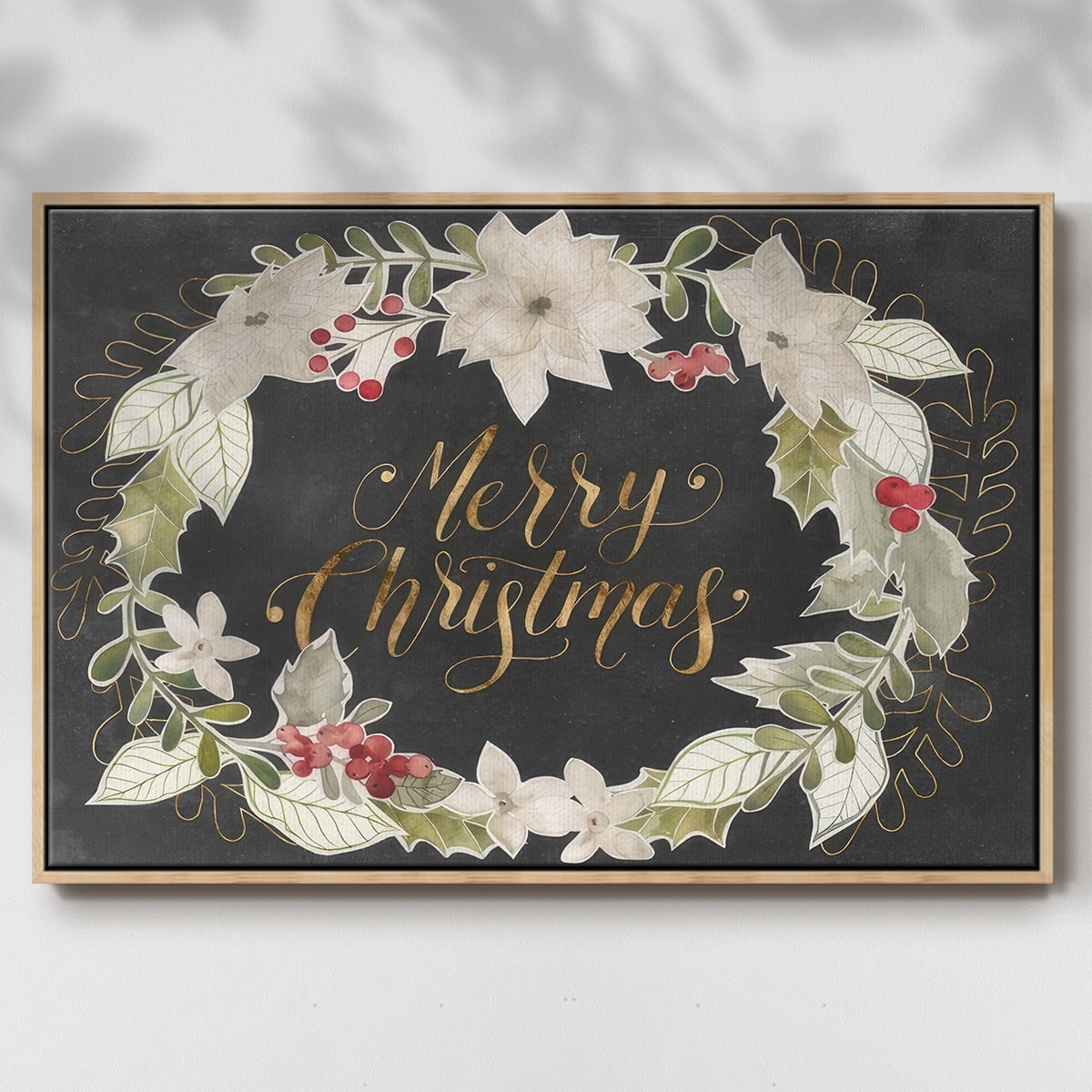 Gilded Christmas Collection A - Framed Gallery Wrapped Holiday Canvas - 17 x 25 - Natural Wood Frame