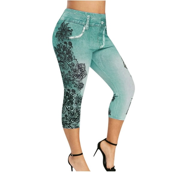 QUYUON Womens Yoga Capris Floral Printed Women Plus Size Capris Pants High Waisted Capris Leggings Skinny Yoga Cropped Pants for Running Workout Sports Crop Pants Trouser Style P-446 Sky Blue M