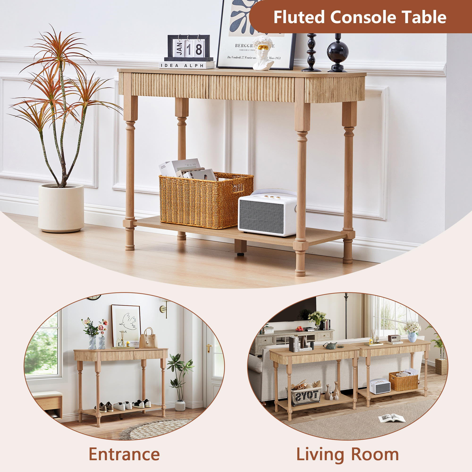 YOCWO Roman Column Console Table, Fluted Sofa Table with 2 Drawer and Open Shelf for Storage, Mid Century Modern Entryway Table for Living Room Hallway, Natural