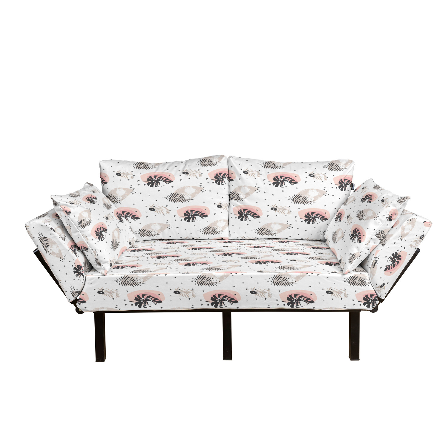 Boho Futon Couch, Hand Drawn Tropical Leaves and Scandinavian Strokes