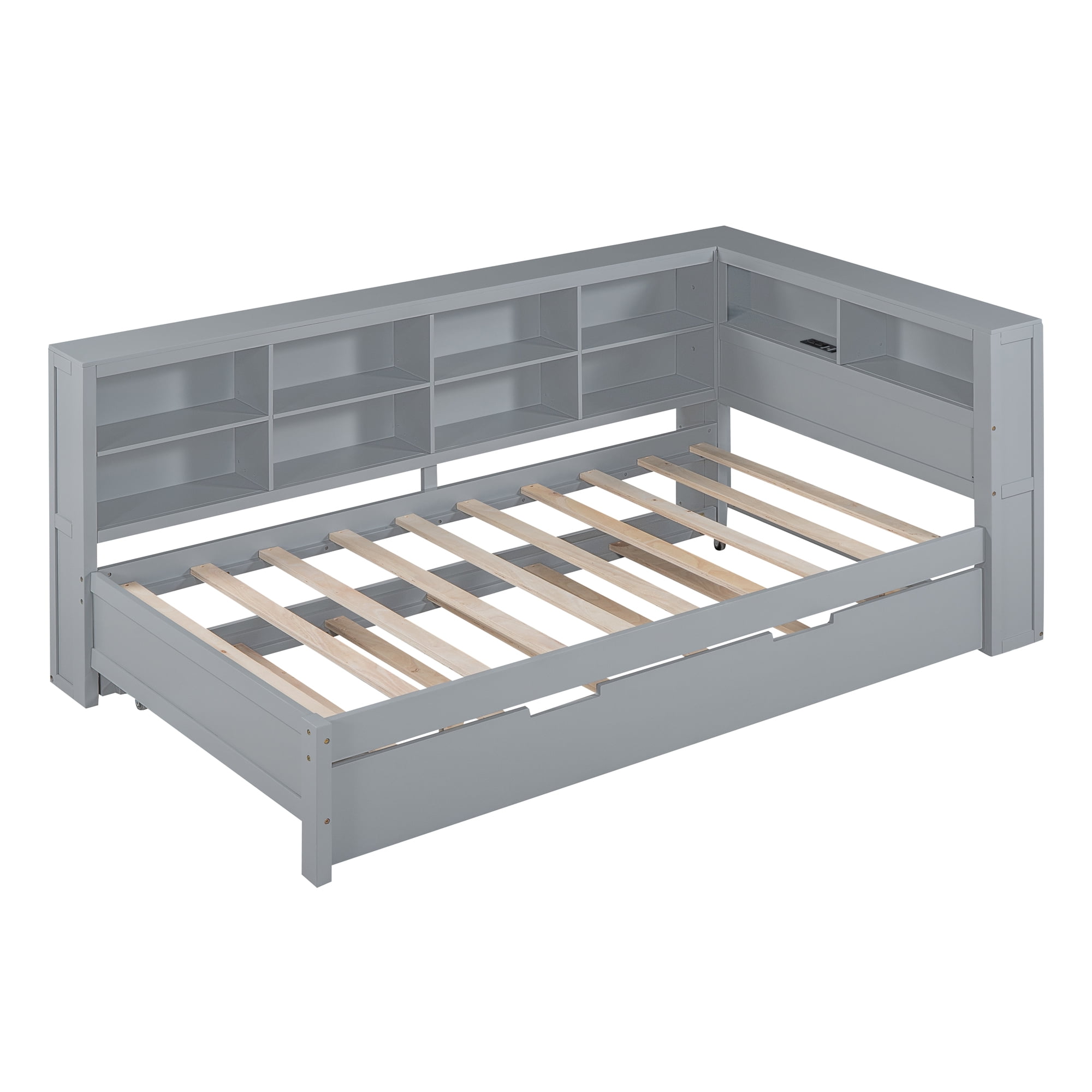 Mintazer Modern Twin Daybed Frame with Trundle, USB Charging Station & Storage Shelves for Bedroom, Grey