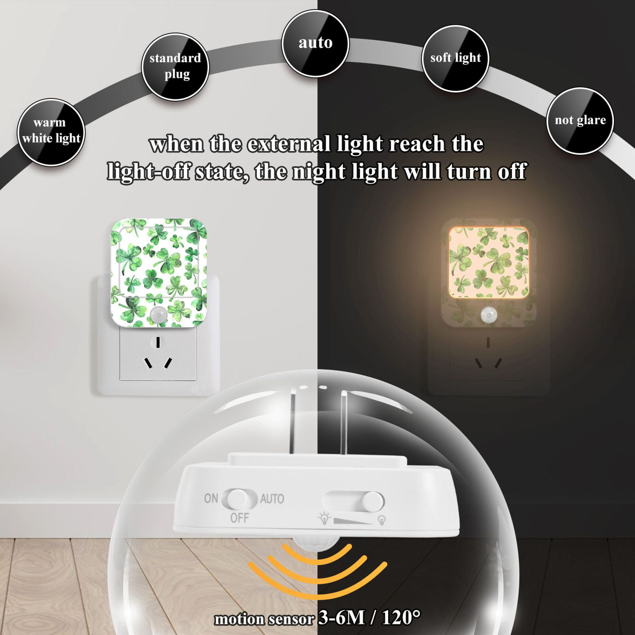 St Patrick Night Lights Plug into Wall LED with Auto Light Sensor Warm Light for Kids Hallway Bedroom Living Room Kitchen Bathroom Set of 2