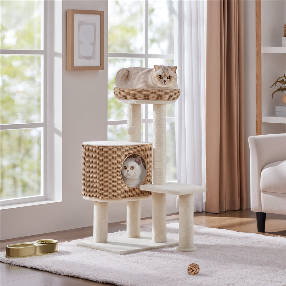 Yaheetech 35.8" Tall Rattan Cat Tree with Woven Condo and Nest, Beige