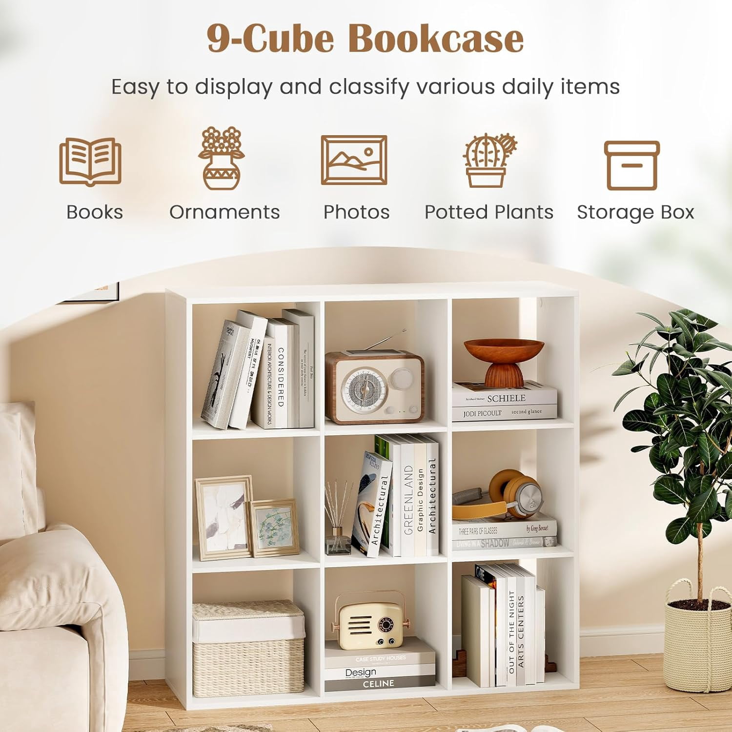 XiangJi 9-Cube Bookcase, 4-Tier Bookshelf with Open Compartments, Freestanding Cube Storage Organizer with Anti-Toppling Kits, Modern Display Shelf for Living Room, Study, Office, White (1,9-Cube)