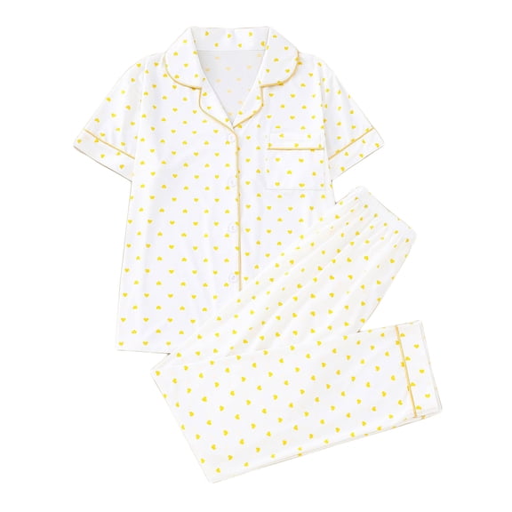 FAZVAOO Pajamas for Women 2 Piece Short Sleeve Pockets Lapel Tops and Pants Hearts Print Lounge Set