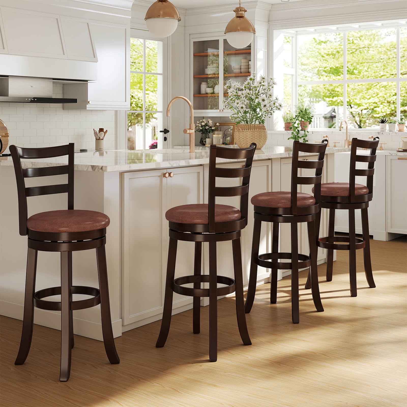 Costway 30” Bar Height Swivel Barstools Set of 2 with Back, Faux Leather Seat for Pub