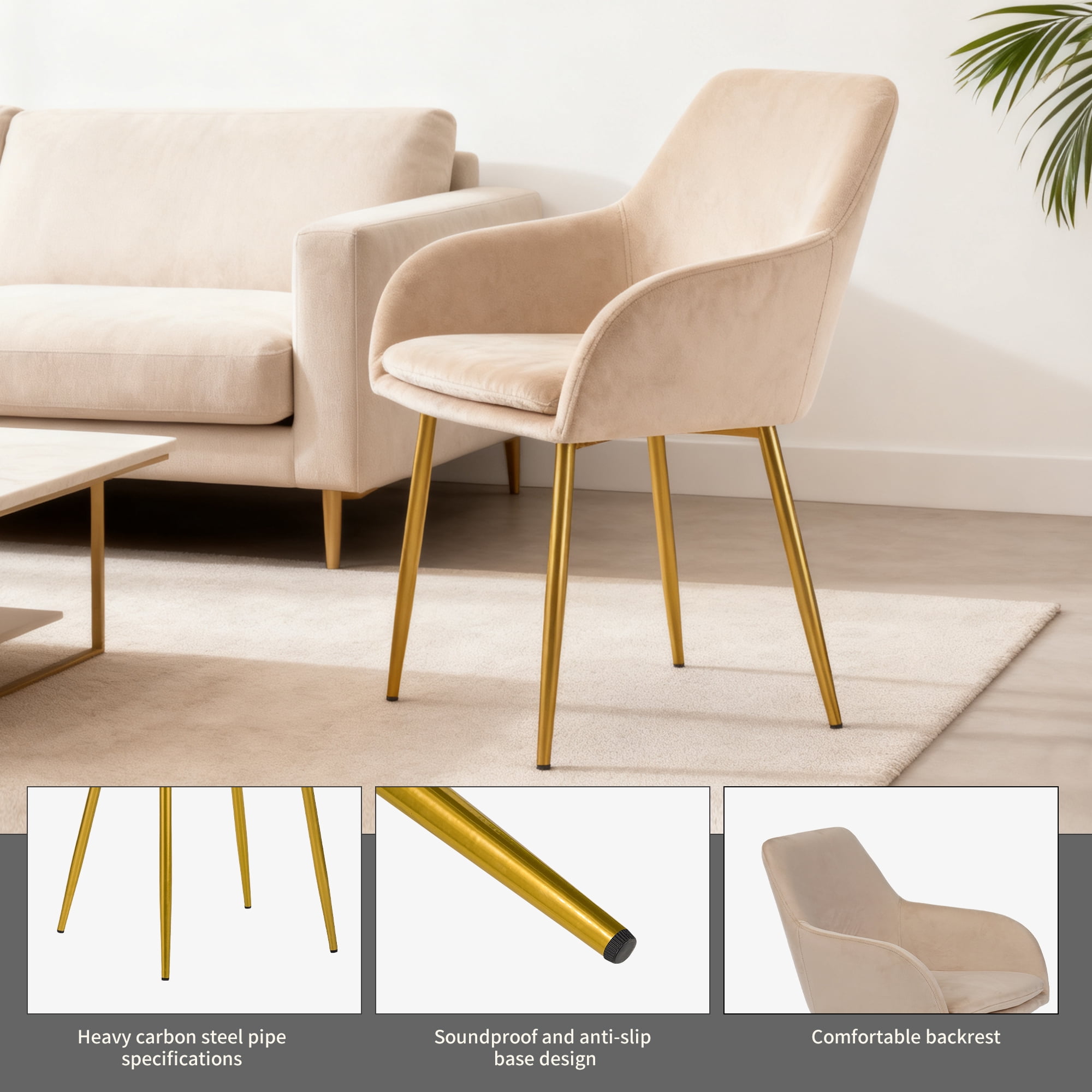 Velvet Dining Chair Set of 2, Modern Padded with Gold Metal Legs, for Dining Rooms Kitchens Vanity Tables Living Room, Easy Assembly, Beige
