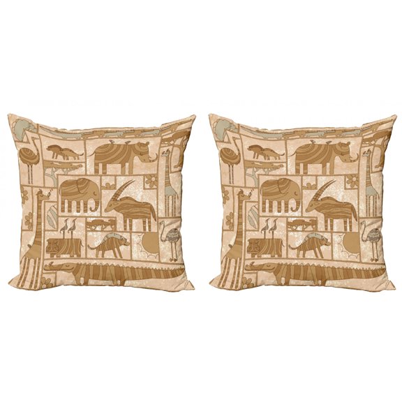 Tribal Throw Pillow Cushion Cover Pack of 2, Historical Grunge Style Design of Animals on Rectangles Pattern, Zippered Double-Side Digital Print, 4 Sizes, Peach Camel, by Ambesonne