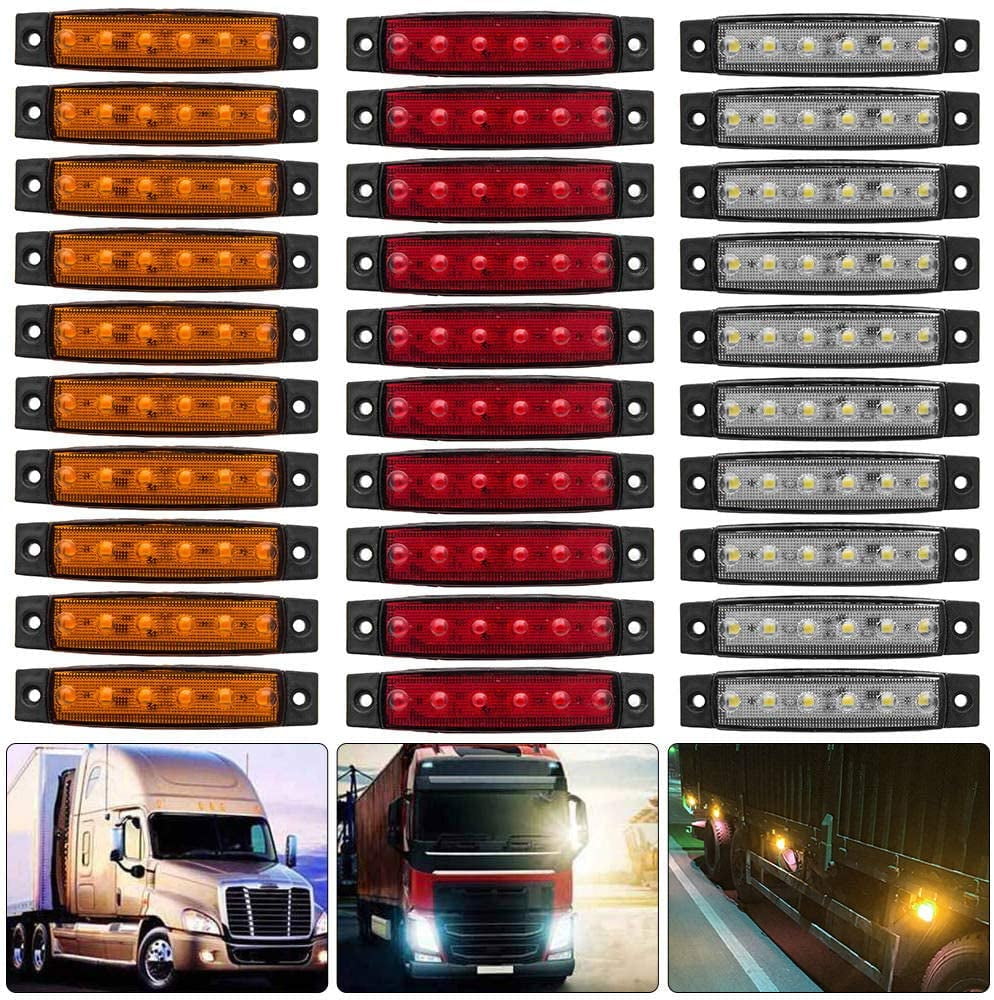 30PCS 6LED 12V Truck Trailer Side Marker Indicators Lamp Light White+Amber+Red