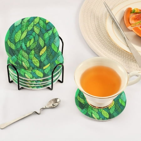 

Bright Green Leaves Set of 6 Durable Woven Polyester Coasters with Black Storage Rack 4in