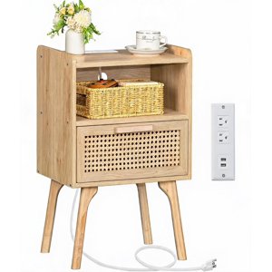 Rattan Nightstand with Charging Station