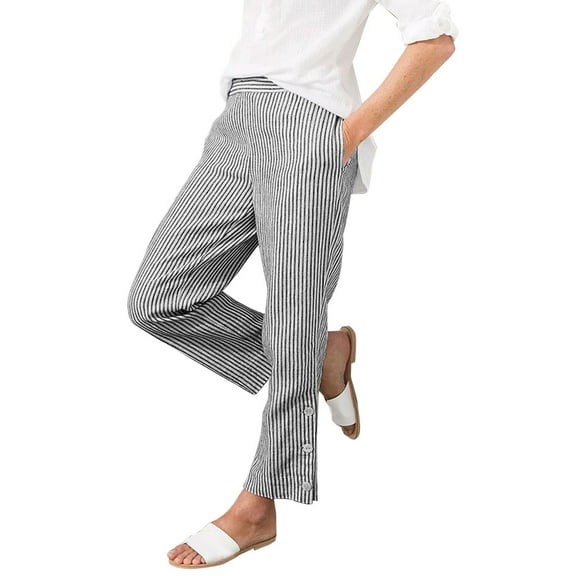 Striped Pants Women, Audhol Women's Pants Drawstring Side Button Straight Leg Trousers Summer Pants with Pocket Summer Pants for Women Black L