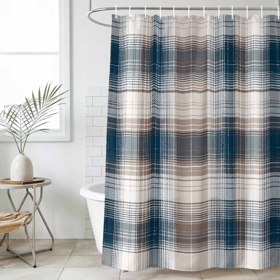 Blue Brown Plaid Waterproof Fabric Shower Curtain,Modern Abstract Striped Gingham Checked Waterproof Fabric Shower Curtain for Bathroom Curtains Bathtubs Shower Curtains with 12 Hooks Standard 66x72