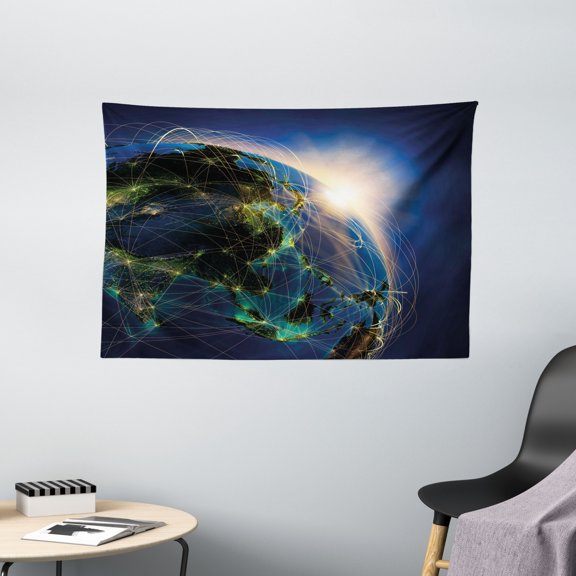 World Tapestry, Vivid Globe of World in Space Covered by Luminous Network and Rising Sun Image, Wall Hanging for Bedroom Living Room Dorm Decor, 60W X 40L Inches, Blue Yellow Green, by Ambesonne