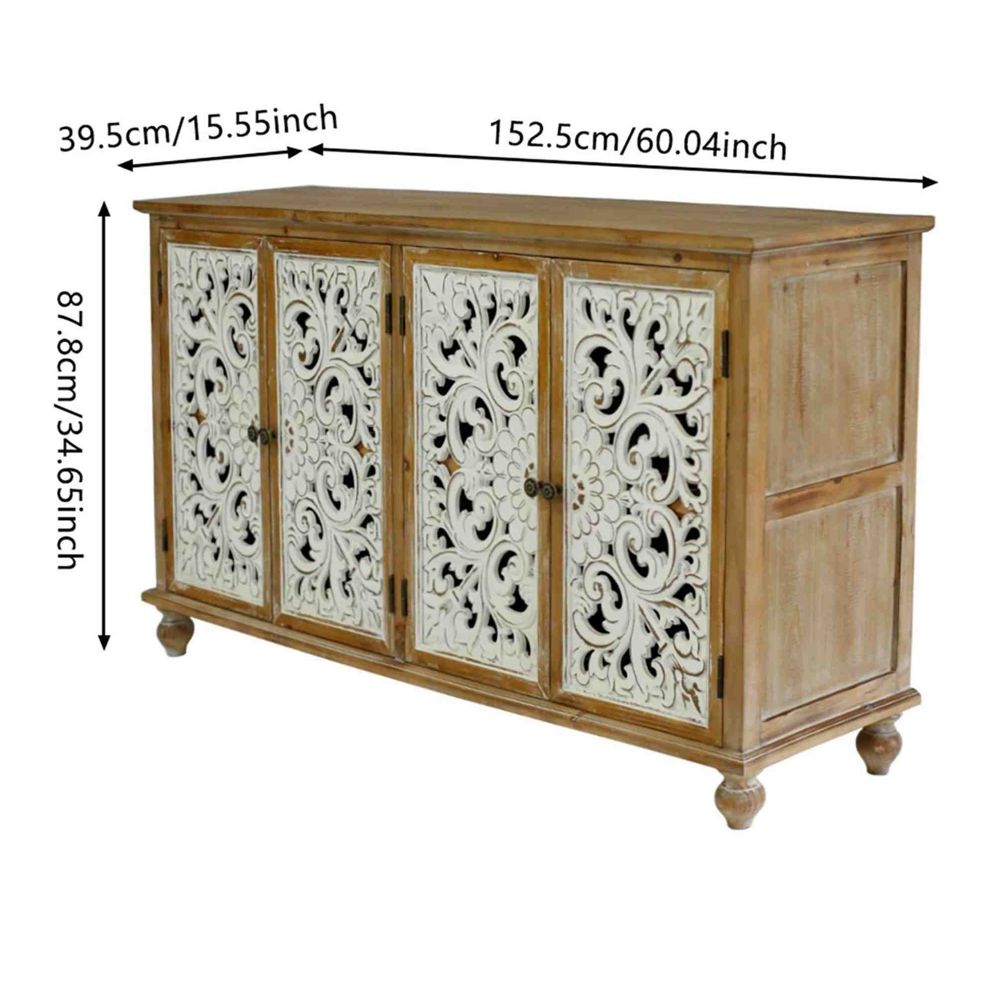 AENKYO Vintage Distressed Accent Cabinet Sideboard Buffet with Handmade Carved Doors and Adjustable Shelves, Natural Wood