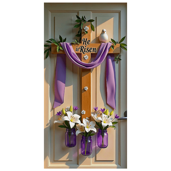 Easter Themed Cross Shaped Banner with Purple Drape White Lily Flowers and Dove Decoration Background Party Backdrop Easter Celebration Church Decor Easter Event Decorations
