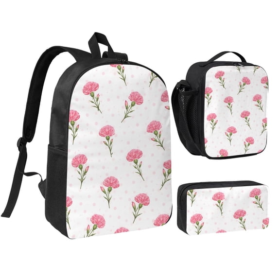 Pink Carnation Floral Backpack Set 3pc ，Backpack with Lunch Bag and Bag 17 Inch