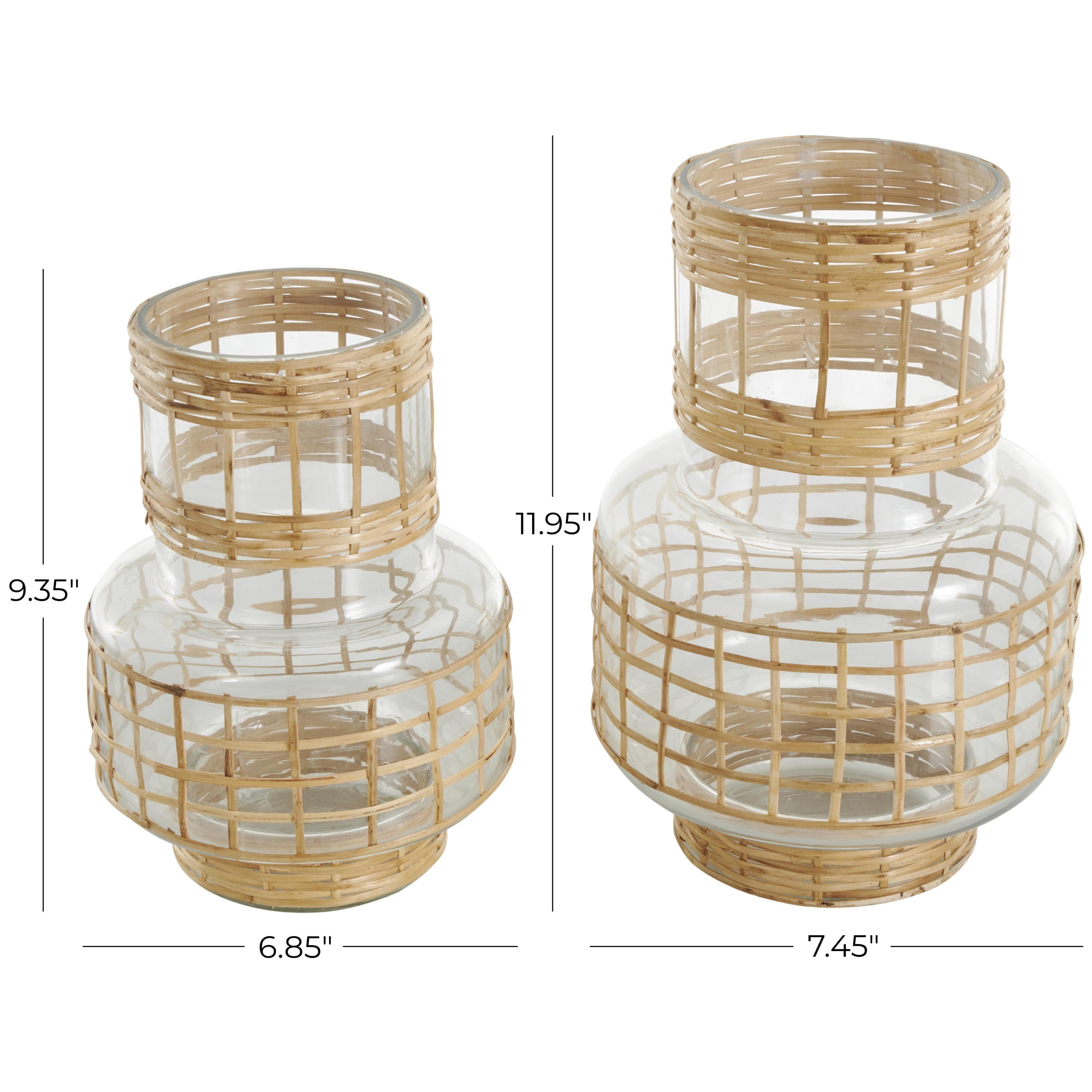 DecMode 12", 9"H Handmade Rattan Wrapped Glass Vase, Set of 2
