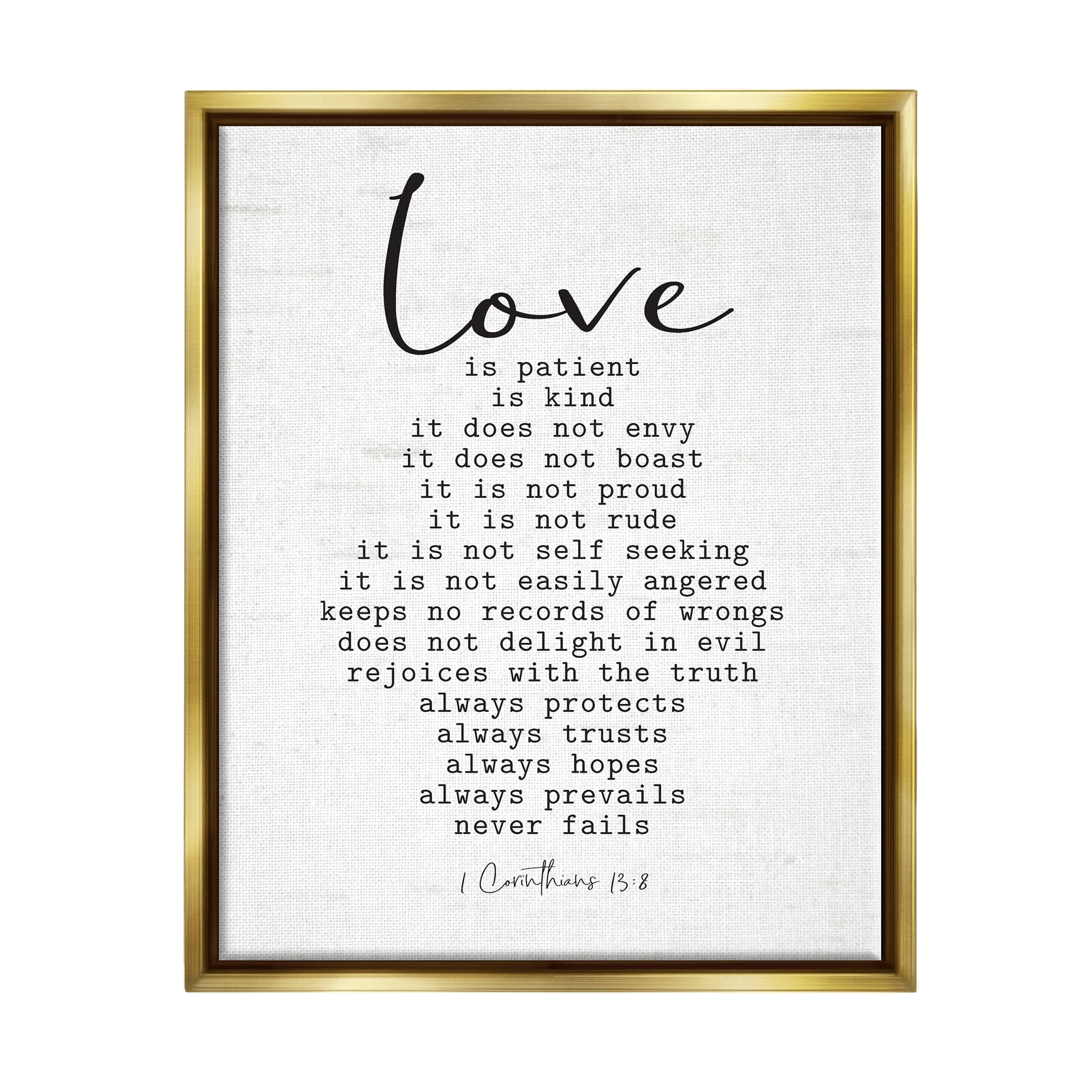 Stupell Industries Love Is... Spiritual Scripture Inspirational Religious Sentiment Graphic Art Metallic Gold Floating Framed Canvas Print Wall Art, Design by Lettered and Lined