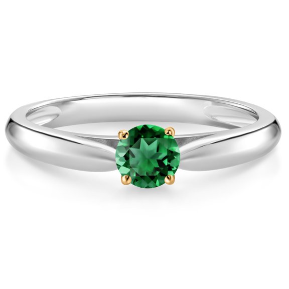 Gem Stone King 10K White and Yellow Gold Green Nano Emerald Solitaire Engagement Ring for Women (0.30 Cttw, Gemstone May Birthstone, Round 4MM, Size 8)