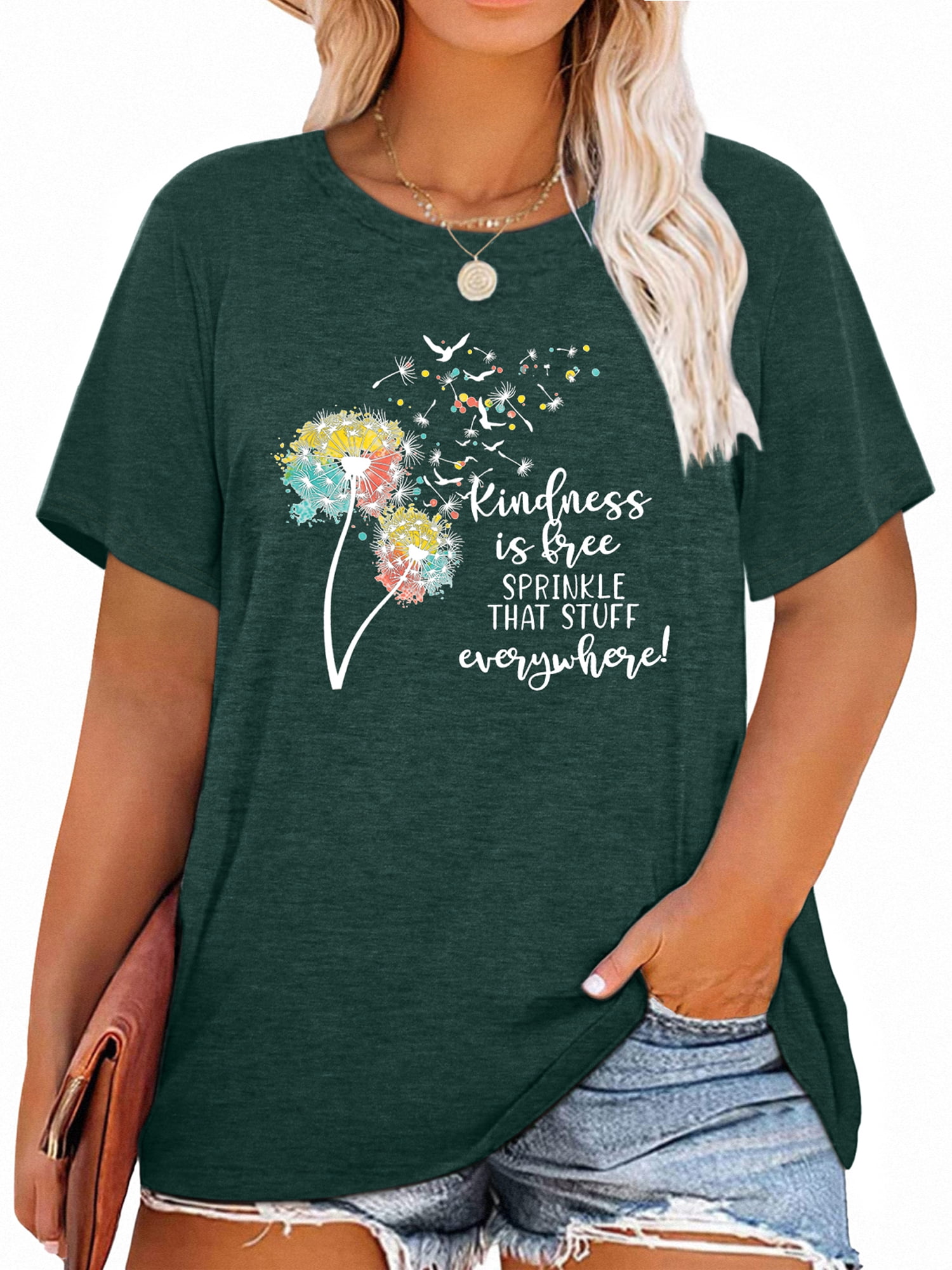 Anbech Plus Size Dandelion Shirt Women's Oversized Graphic Tshirts Crew