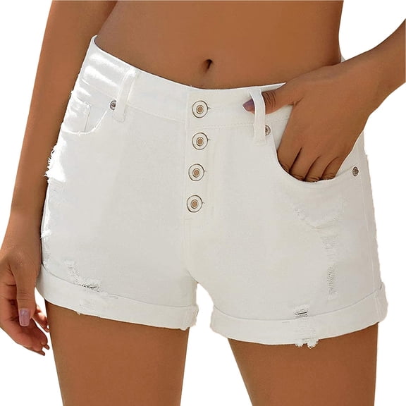 Conairie White Jean Shorts Womens Slim Elastic High Waisted Denim Shorts Summer Distressed Trousers with Pockets L