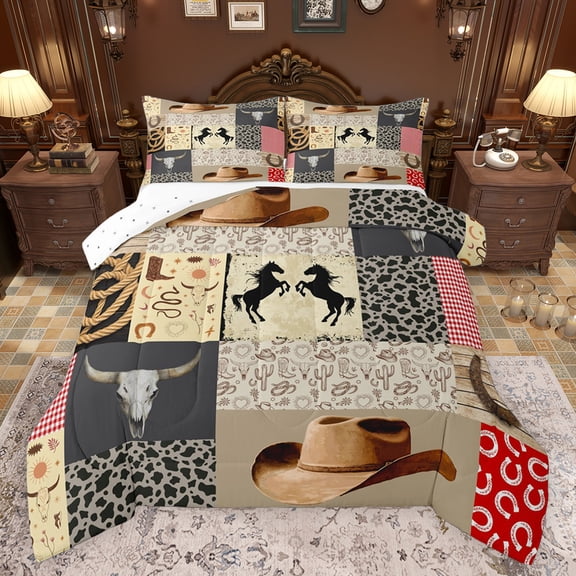 Feelyou Bohemian Western Cowgirl Full Size Comforter Sets, Western Cowboy Hat Bedding Comforter Set, Rustic Leopard Print Reversible Bedding Sets, Microfiber Bedroom Decor, 3-Piece