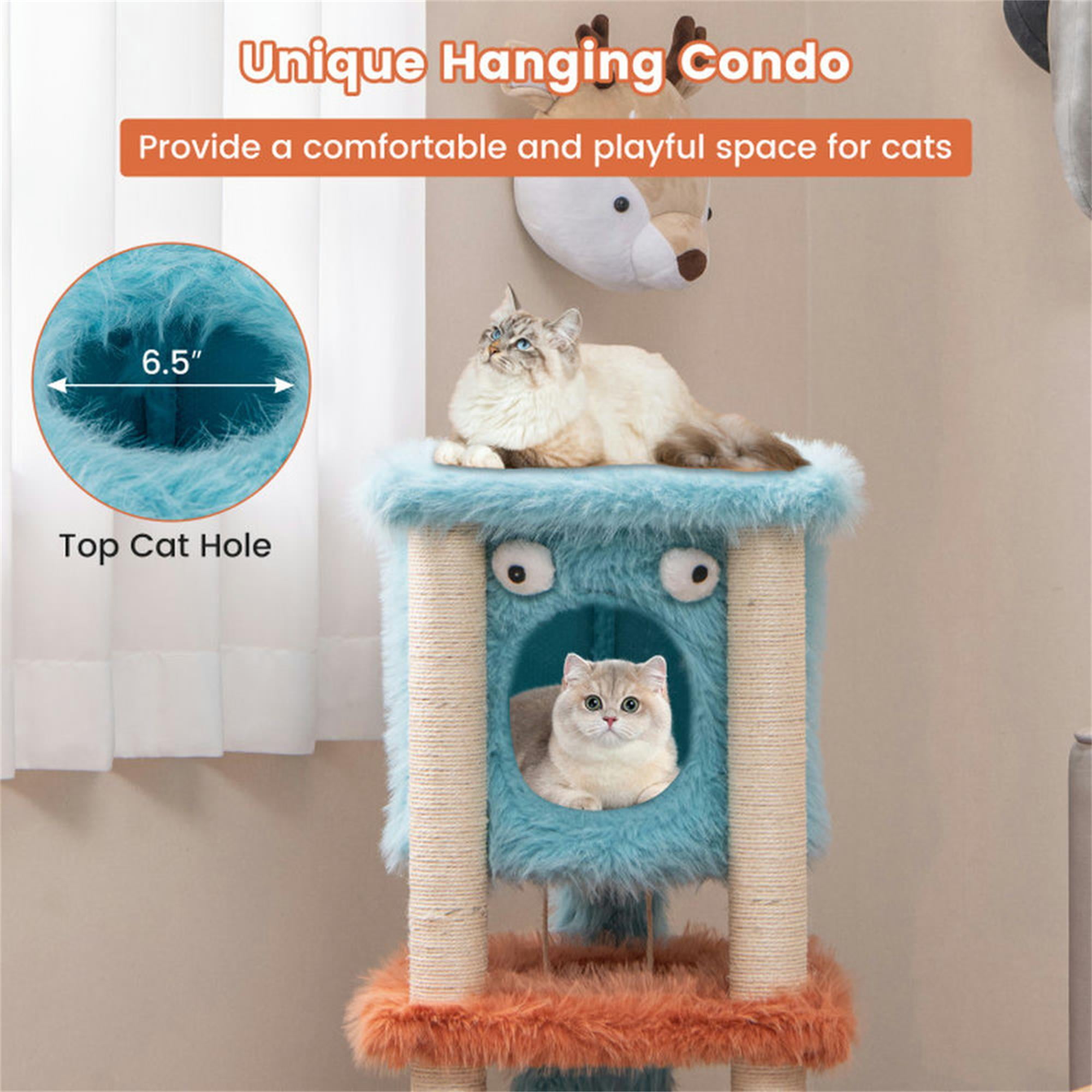 Kadyn 34" Cute Monster-Themed Cat Tree Tower with Private Cat Condos for Small Place, Blue+Orange