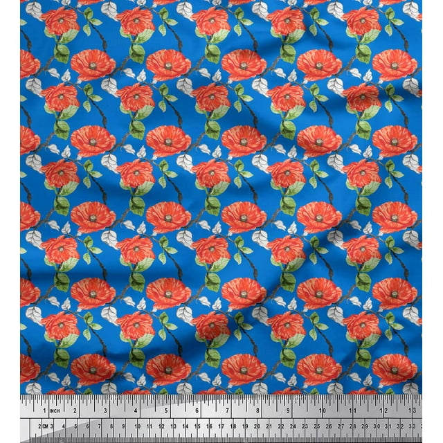 Soimoi Blue Poly Georgette Fabric Leaves & Floral Printed Fabric 1 Yard 52 Inch Wide