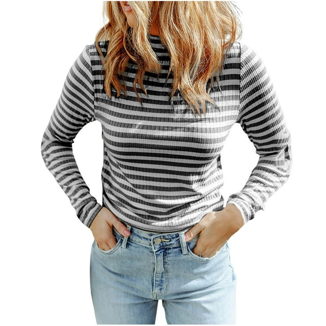 Blouse Décontractée à Manches Longues pour Femmes, Col Roulé Imprimé, Haut en Tricot Rayé, Tenue Basique Confortable pour l'Automne et l'Hiver