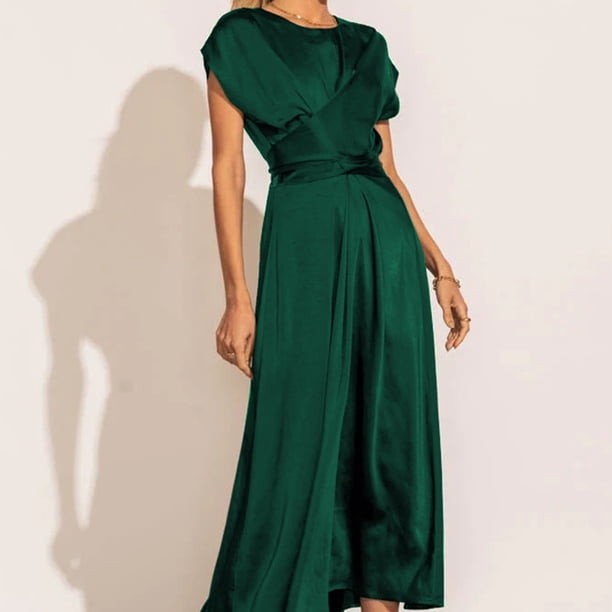 Vestido Midi De Verano 2023 Vestidos fluidos de una línea para mujer Vestidos de fiesta elegantes de satén sólido (Verde oscuro L) Cgtredaw para Mujer Verde oscuro T M
