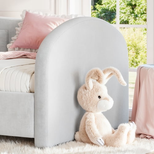 Twin Size Upholstered Kids Floor Bed with Curved Headboard, Safety Side Rails and Storage Pocket, Light Gray