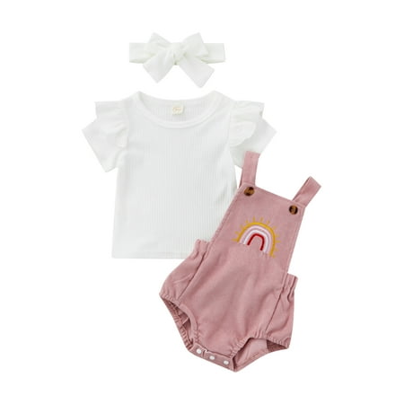 

Sunisery Newborn Baby Girls Romper Outfits Short Sleeve Ruffles T-Shirt + Rainbow Pattern Romper + Headband Set Pink 6-12 Months