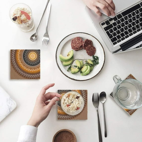 FMSHPON Mandala Boho Style Set of 8 Coaster for Drinks, Absorbent Ceramic Stone Coasters Cup Mat with Cork Base for Home Kitchen Room Coffee Table Bar Decor