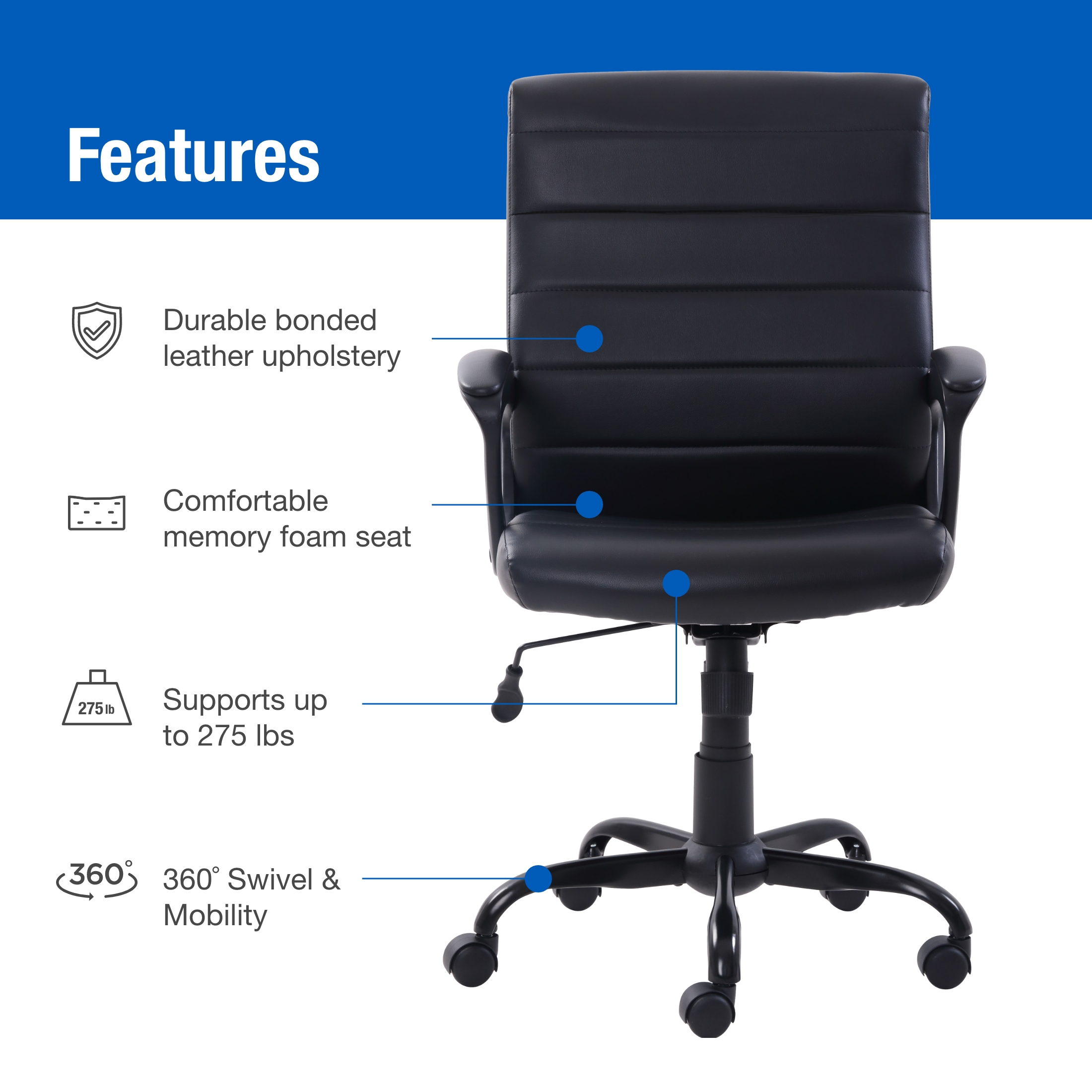 Mainstays Bonded Leather Mid-Back Manager's Office Chair, Black - image 3 of 13