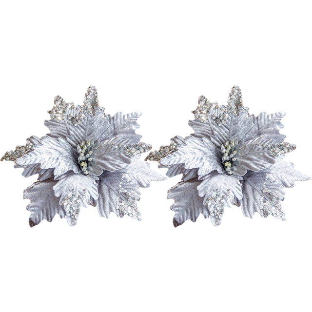 Advancent 2 piezas 25 cm brillo Poinsettia árbol de Navidad adornos de Navidad flores artificiales boda fiesta vacaciones Decoración del hogar Plata