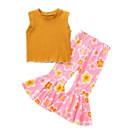 

Nokpsedcb Kids Little Girls 2Pcs Outfits Round Neck Sleeveless Knitted Ribbed Vests + Floral Elastic Waist Flare Pants Brown Yellow 1-2 Years