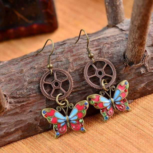 Pendientes colgantes de gota de moda Steampunk de engranajes de mariposa de cristal vintage Salvador Steampunk engranajes pendientes