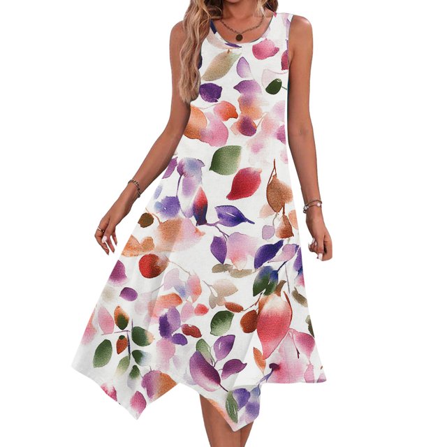 LOVZFMLL Dresses Womens Dresses Sleeveless Round Neck Drawstring Casual Ruffle A-Line Mini Dress