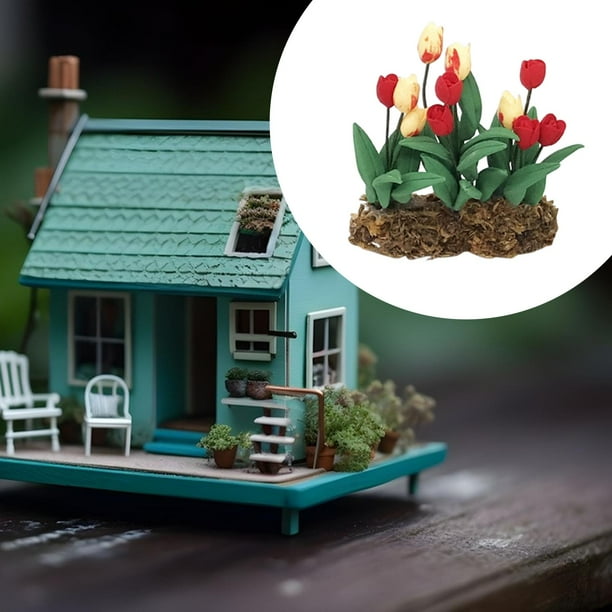 Mini flor para casa de muñecas,Casas de muñecas con tulipanes en el césped,Mini jardín de tulipanes para casa de muñecas,Accesorios florales en miniatura para casa de muñecas,Tulipán en
