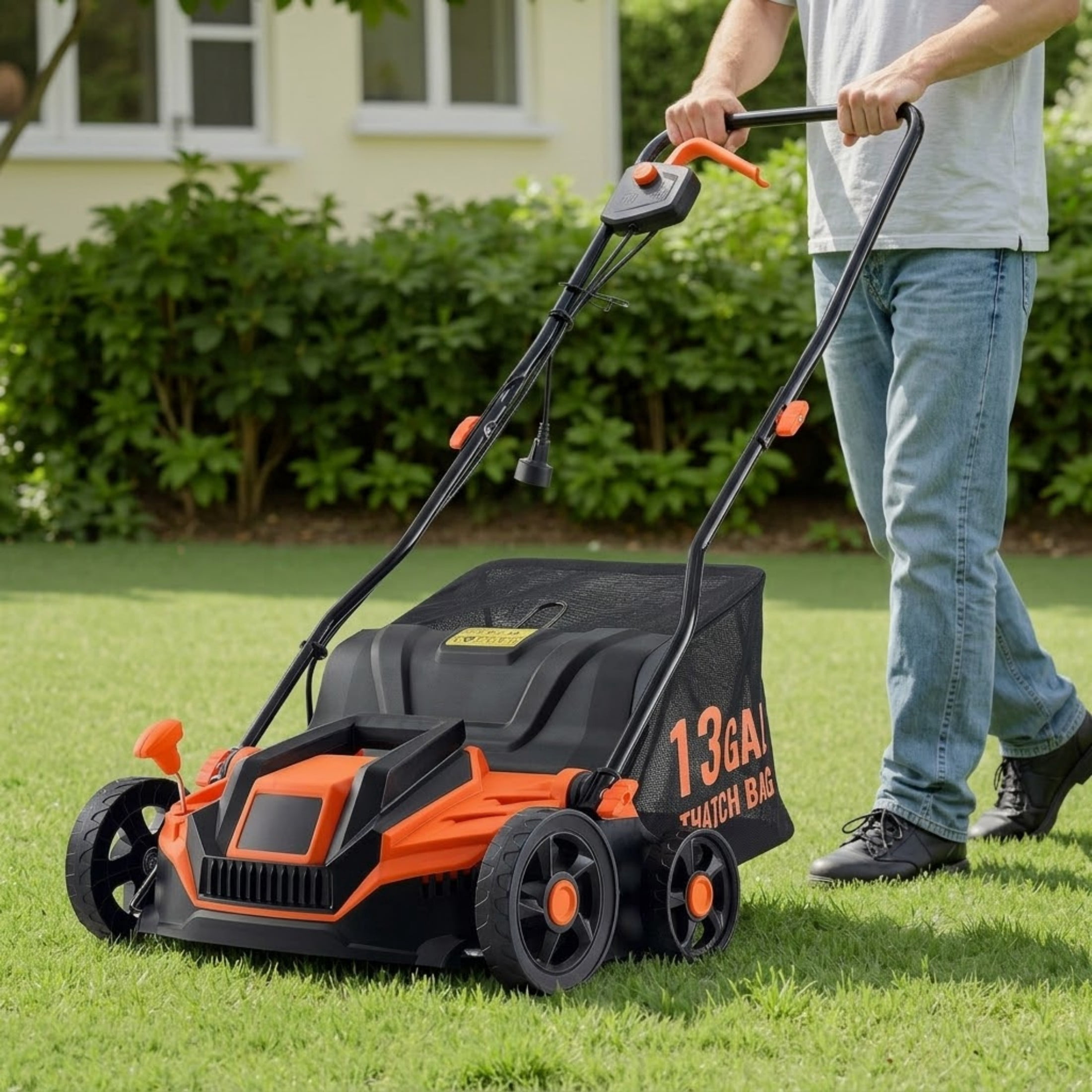 13-Inch 13 Amp Electric Dethatcher and Scarifier, 2-in-1 Corded Lawn Dethatcher with 13-Gallon Collection Bag & 5-Position Depth Adjustment