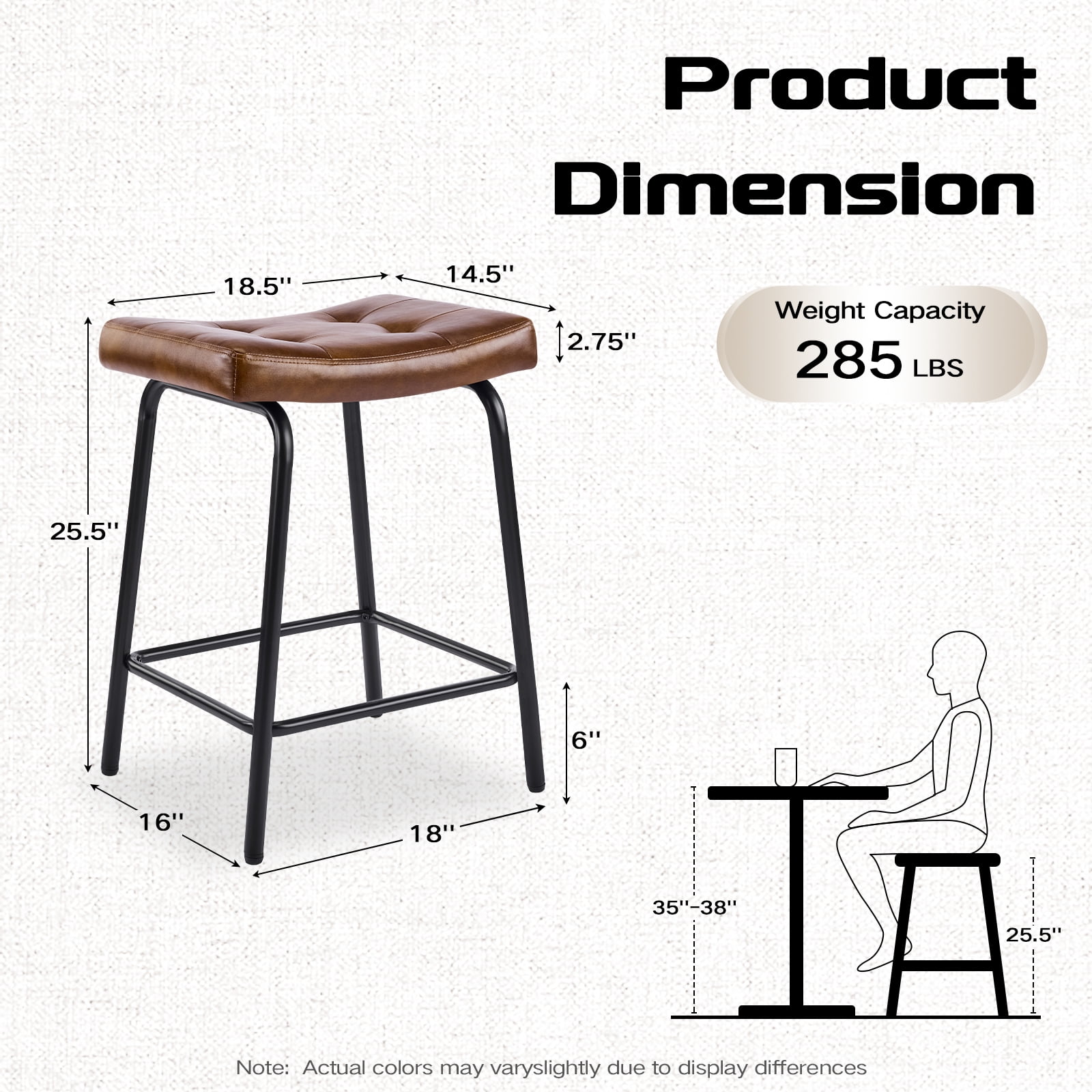 25" Saddle Counter Stools Set of 2, Tufted Faux Leather Counter Height Bar Stools with Metal Legs for Kitchen Island, Yellow Brown