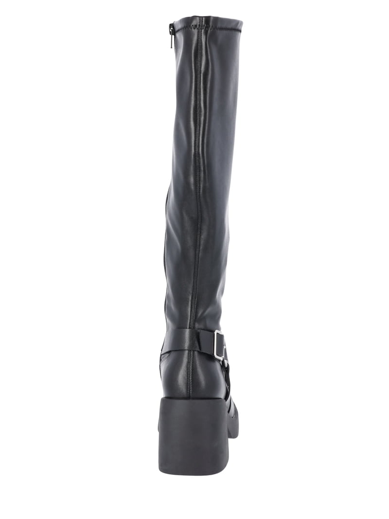 Women's Square Toe Wedge Heel Knee High Boots - Buckle Detail Long Boots By Lemonade (Black, 8.5)