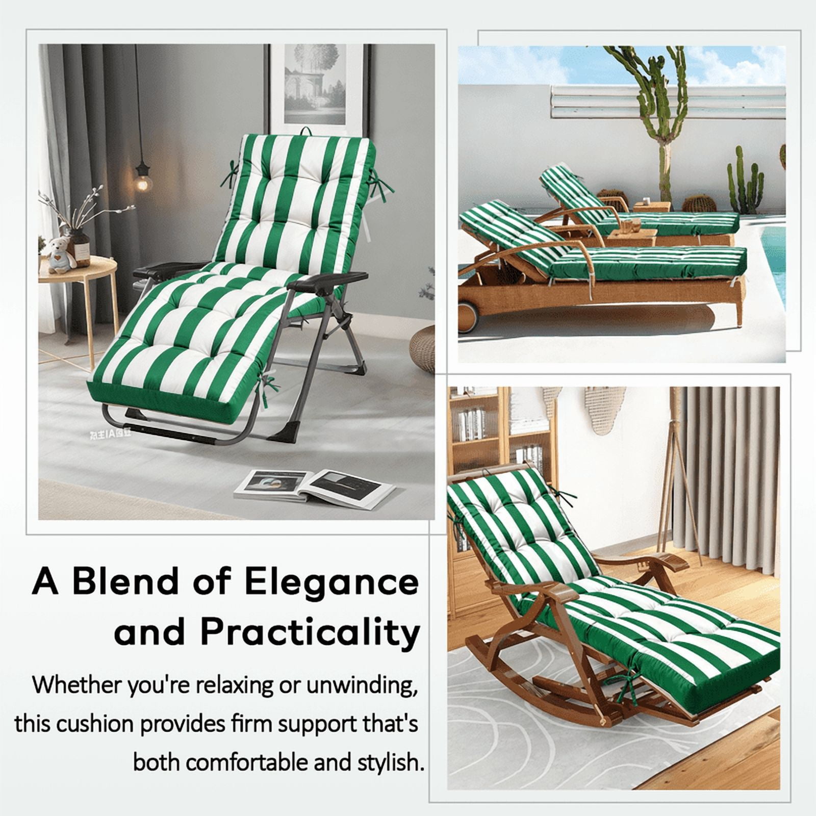 PUKNLY Chaise Lounge Chair Cushion Outdoor, 67*22*4 in Thickened Leisure Lounge Deck Chair Cushion, Waterproof & Fade-Proof Patio Pool Sun Lounger Pad with Straps, Bag, for Pool, Beach, Balcony