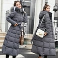 thumbnail image 3 of Chaqueta de algodón para mujer, estilo largo, por encima de la rodilla, chaqueta de algodón para mujer, cuello de piel grande, corte entallado, chaqueta de algodón grueso para mujer, 3 of 5