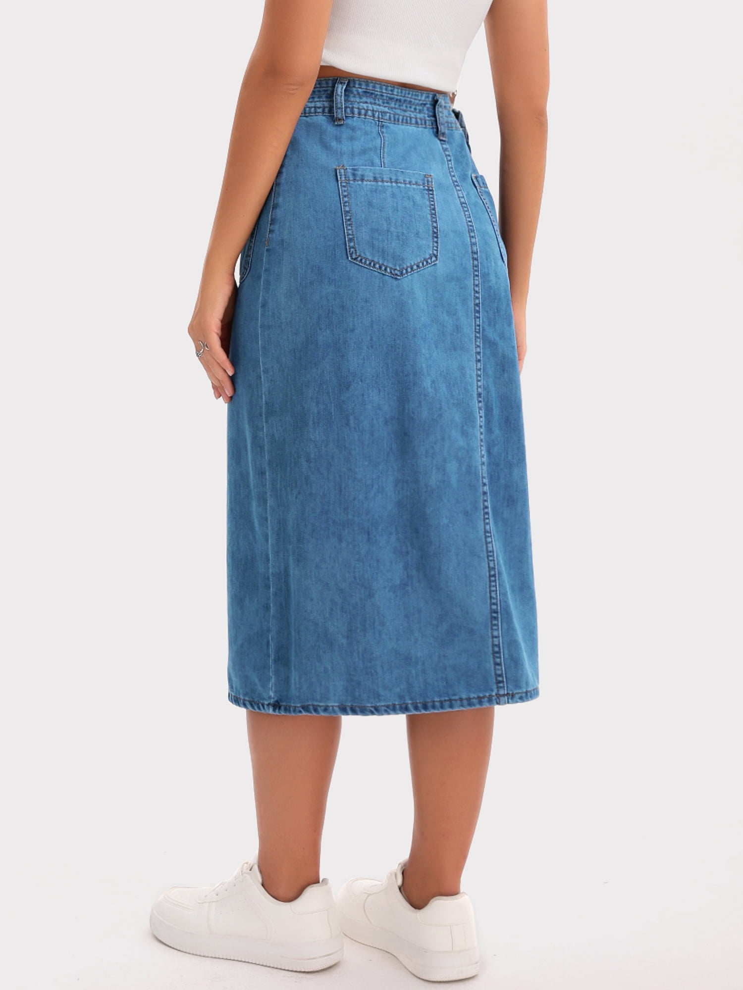 DARING DIVA Women's Slit Back Midi Denim Pencil Skirt with Pockets S Blue