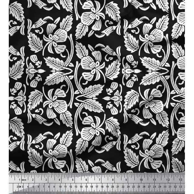 Soimoi Polyester Crepe Fabric Leaves & Floral Block Print Fabric by Yard 52 Inch Wide
