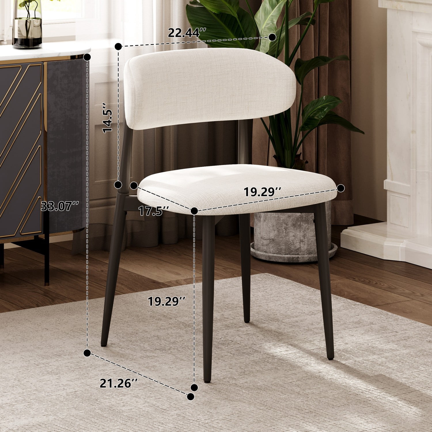 Dining Chairs Set of 2 Metal Kitchen Chairs Modern Upholstered Fabric Dining Room Chairs with Ergonomic Backrest Beige Industrial Farmhouse Style, Black